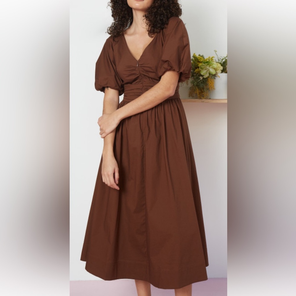 NWT Staud Greta Cotton Poplin Midi Dress Size O , Brown - Picture 5 of 12